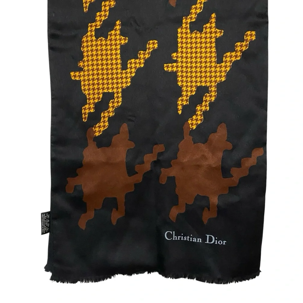 CHRISTIAN DIOR Silk Scarf Printed Pattern Black & Gold Vintage